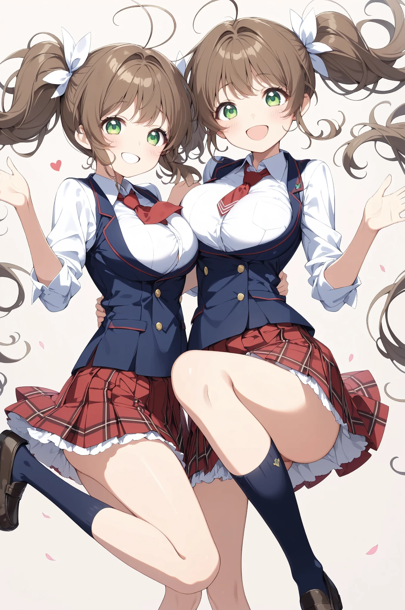 (high quality Animation Art, Super Best masterpiece, 16K, Highest image quality, super high resolution, super high degree of perfection of the work)
(brown hair, antenna hair, bangs, stupid hair, hair intake , green eyes), (super very cute smile, Happy Expression), 
(very beautiful, delicate, and accurate female body movements, Very accurate proper movement of hands and feet, Super Big Breasts, cleavage-enhancing), 
School Uniform,  Navy blue blazer , Classical style with a white shirt, red tie , and red plaid skirt, formal look, Black Knee-High Socks, Arms on back, Black Loafers, boob love, 