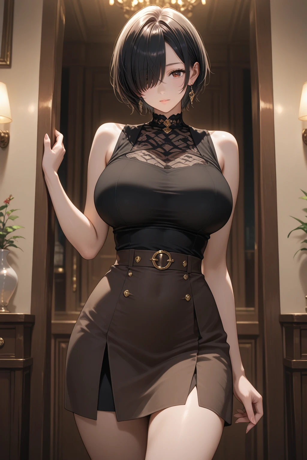 (Best Quality, 8k, 32k,1 Girl, Gigantic Breasts, Thick Thighs, Super Wide Hips, Huge Ass, Perfect Body, Ultra Detailed Face, Black Short Hair with Fringe, Red and Black Panties, Lace Panties, White Eye Patch.