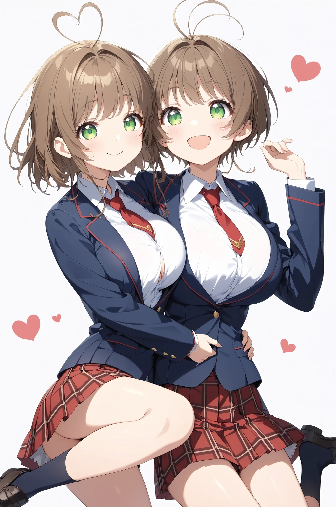 (high quality Animation Art, Super Best masterpiece, 16K, Highest image quality, super high resolution, super high degree of perfection of the work)
(brown hair, antenna hair, bangs, stupid hair, hair intake , green eyes), (super very cute smile, Happy Expression),
(very beautiful, delicate, and accurate female body movements, Very accurate proper movement of hands and feet, Super Big Breasts, cleavage-enhancing),
School Uniform, Navy blue blazer , Classical style with a white shirt, red tie , and red plaid skirt, formal look, Black Knee-High Socks, Arms on back, Black Loafers, boob love,