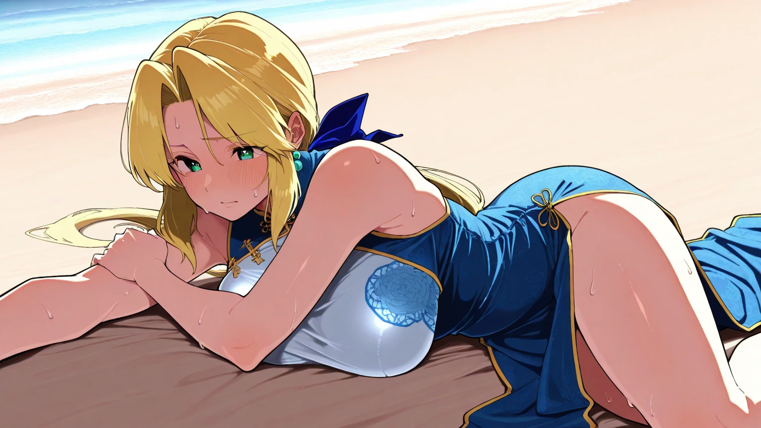 score_9, score_8_up, score_7_up, source_anime,
ffrikku, <lora:ff-rikku-ponyxl-lora-nochekaiser:1>,
rikku, blonde hair, braid, green eyes, long hair, headband,
 shoulders, belt, , detached sleeves, fingerless gloves, gloves, headband, miniskirt, panties, scarf, skirt, swimsuit, ,
indoors, bed, bed room, on side, blush, drunk,
looking at viewer, cowboy shot, dutch angle,