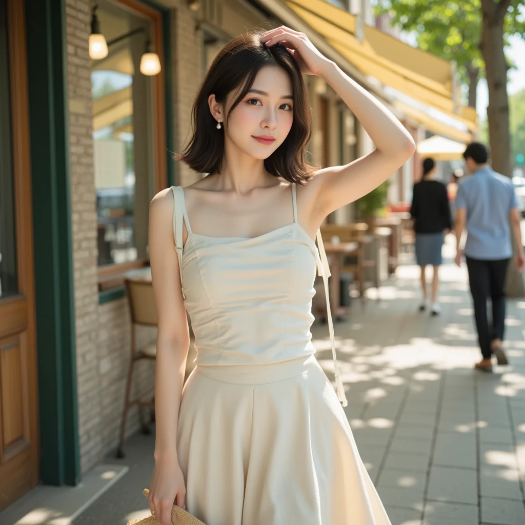 (((best quality))),(((ultra detailed))),(((masterpiece))),illustration,((1 beautiful girl,solo)),(shoulder-length straight bob:0.8),((slim,thin)),((small breasts,flat chest)),delicate face, twinkling eyes,(osmanthus flower dress:1.3),(slender legs:1.2),(stockings:1.3),(standing:1.3),(arms behind back:1.2),fair complexion,(bustling market:1.3),(stall full of mooncakes:1.3),curiosity,delight,promotional,haggling,intricate patterns,Mid-Autumn Festival atmosphere, flaky, smile, sweet, fragrant filling, delightful contrast, salty exterior, eyes widen, pleasure, exploring,excitement, box, joyful anticipation, festive spirit, vibrant atmosphere, enchanting appearance, lively scene, captivating, timeless image,(outdoor:1.2),(bright sunshine:1.3),(day scene:1.3),((from front,upper body)),(surrounded by crowded crowds:1.3)
