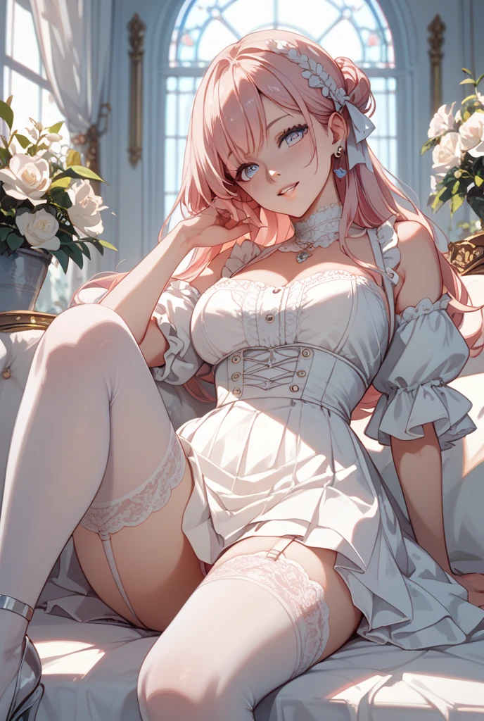 very delicate and beautiful girl,8k wallpaper,masterpiece,danntoudainoaura,Bedroom,1 girl,alone,devil&#39;s horns,devil girl,long hair,medium breasts,elbow bag,((black thigh high socks)),boots,choker,((Wedding dress)),(sit on bed),looking at the viewer、Photo from below、((sit cross-legged))、(bouquet)、long skirt