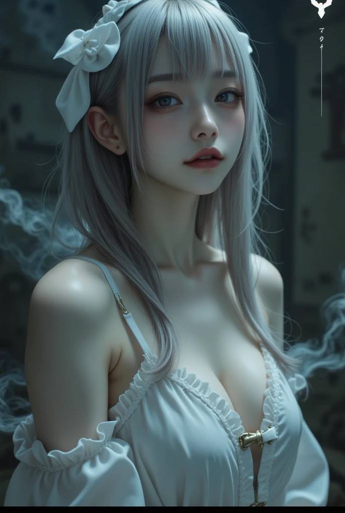 Role Details:, - gender: 1 girl. - style: Japanese cartoons, - Body shape: Seductive figure, Slim, fair legs, Slim leggings, fair arms, fair shoulders. - Chest: ((Large Breasts:1,5)), , nipple. - Facial features: fair, Gorgeous, teenager, fresh, young. - Express: open smile, Horny, Pink blush on face, Sexy eyes, sexy look, Sweat, innocent expression, Drunk. - Hairstyle: Bangs, Long hair. - hair color: light blue hair. - clothing: (White cotton dress:1.5). - Body posture: (Kneeling licking position). - Behavior: wait, Want something, secretly. - Accessories: earrings., Environmental details:, - environment: Office., - lighting: Natural light., - decorate: Modern desk, Chair, window, White curtains, city View. top view. away, anime style, Ultra HD, Retina, masterpiece, precise, Anatomically correct, texture