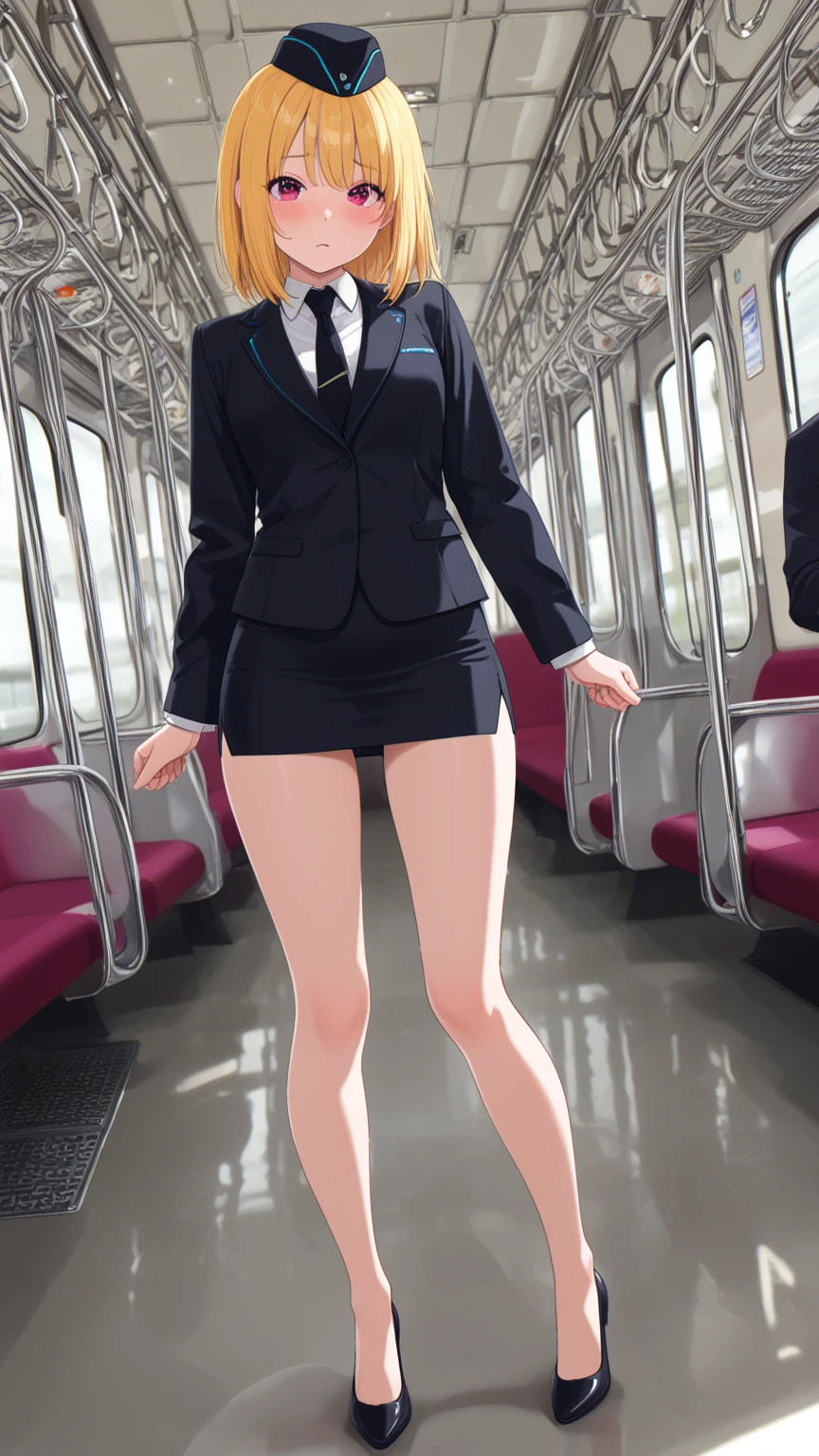 (Masterpiece:1.2), (high quality), (pixiv:1.4), (anime:1.4), panties, loose socks, black hair, buttocks, blue skirt, solo, blazer type, loose socks, lifting clothes, brown eyes, pure gaze, miniskirt, herself lift, plaid skirt, blush,((medium breasts)), (heart-shaped pupils),(side ponytail), (a lot of sweat), Long hair, Physical education sitting, beauty legs, ((on the train))