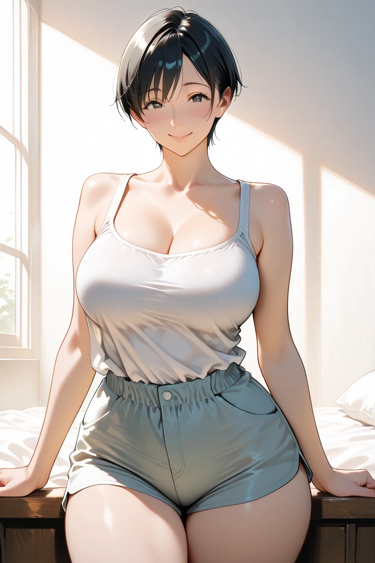 1 girl, MILF, short black hair, red eyes, large breasts 1.2, curvy body 1.2, wearing white dress and white watch, (((scene: standing in the living room))), Manhwa style 1.90,  Anime style 0.45