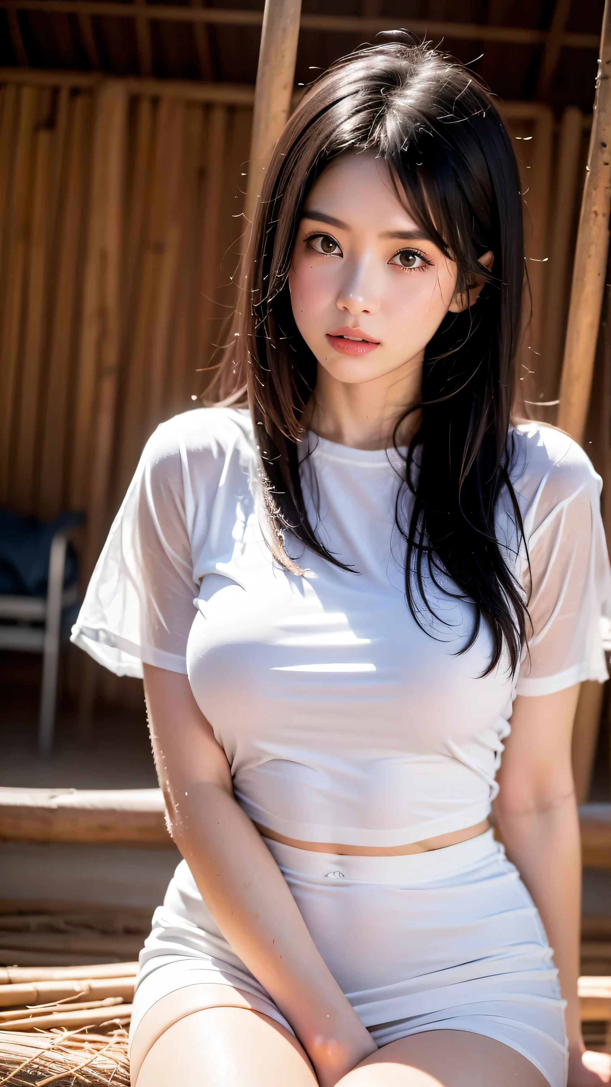 top-quality、超A high resolution、(Photorealsitic:1.4)、1 girl in、masterpiece、outside of house、crouching cowgirl、in her 20s、large full breasts、Plus Size、Peeling the front、garments(White T-shirt、Gee Shorts、Wet and see-through)、Reddened face、The whole body is wet、Arms up、Defenseless