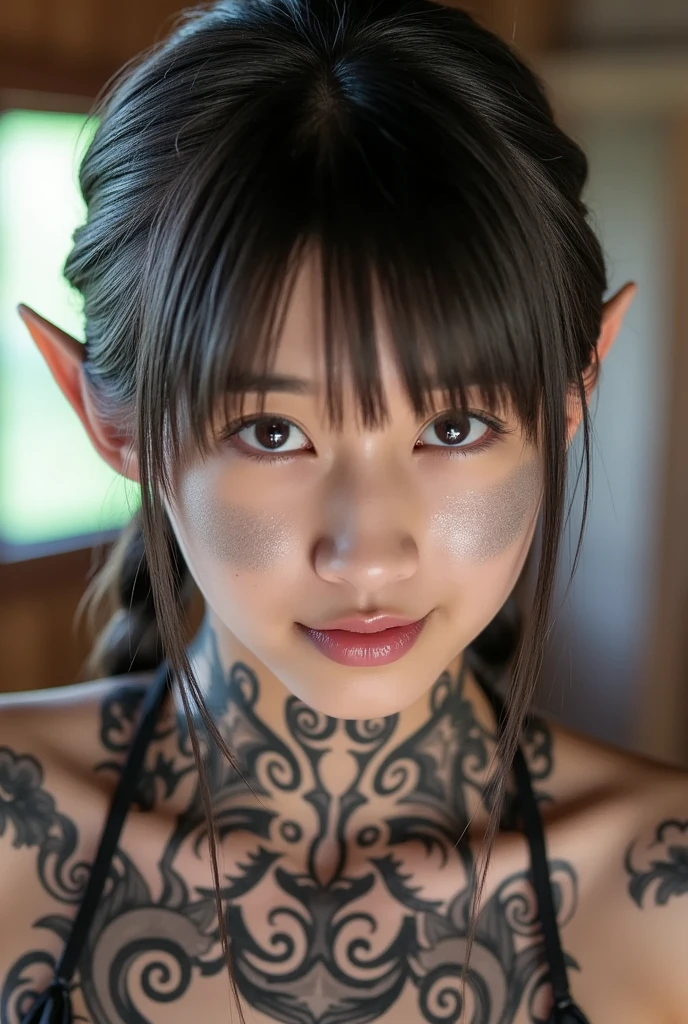 (Muscular:1.6), (thick thighs:1.6),
(asian female:1.5), blunt bangs, black hair, (big smile), (pointy ears:1.4), shoulder length hair,
(stud earrings, lipstick),
(small breasts),
(chain collar, leash:1.2), nude, naked,
looking at viewer, (sitting on all fours:1.3),
living room, (fuzzy shag rug), rim lighting, two tone lighting, dim lighting, bokeh, detailed skin, detailed eyes