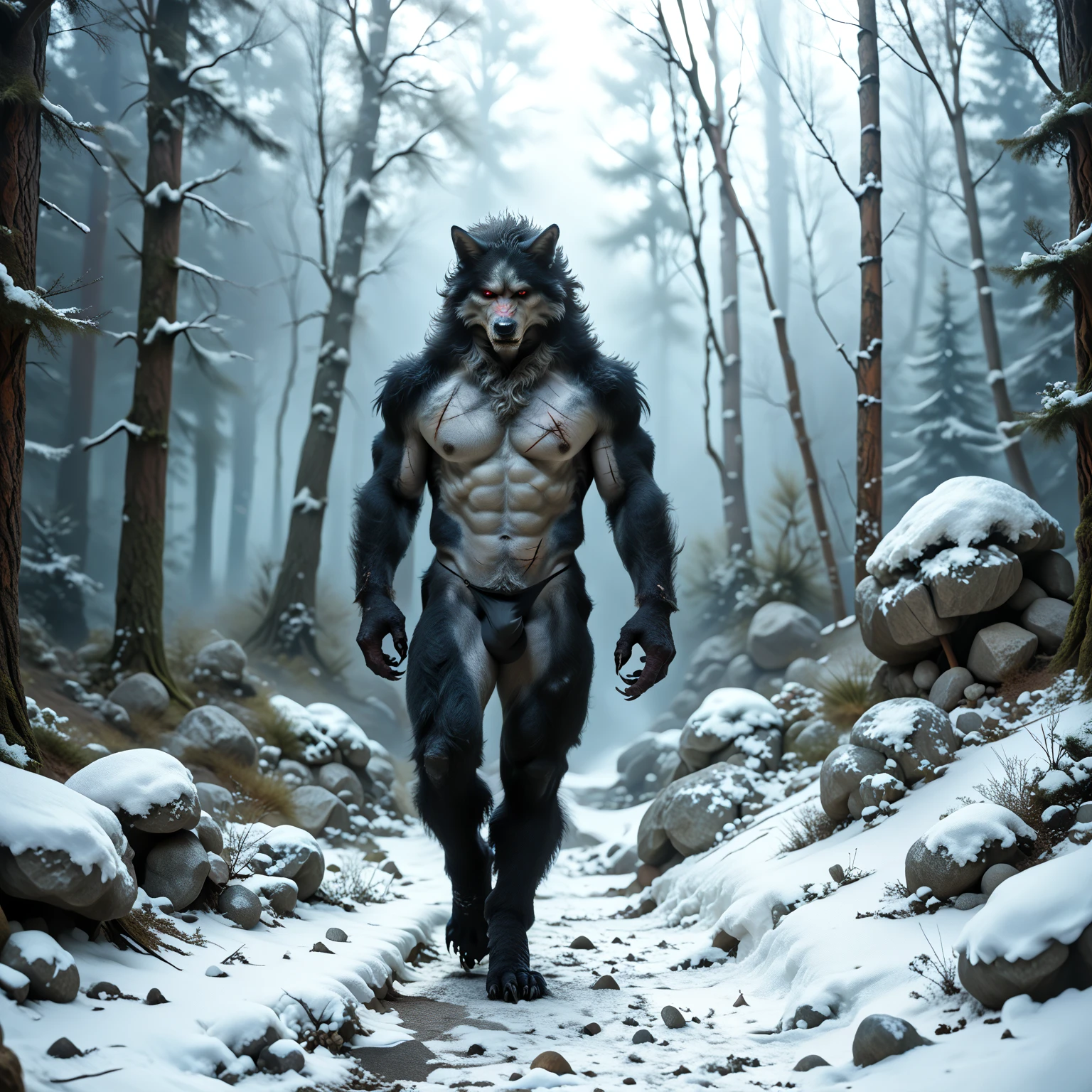 a muscular werewolf with short hair transforming, detailed facial features, handsome Caucasian man with short hair, fur bodysuit, long nails, fur boots, black fur gloves, twilight background, (best quality,4k,8k,highres,masterpiece:1.2),ultra-detailed,(realistic,photorealistic,photo-realistic:1.37),highly detailed,intricate details,cinematic lighting,dramatic shadows,vivid colors,moody atmosphere