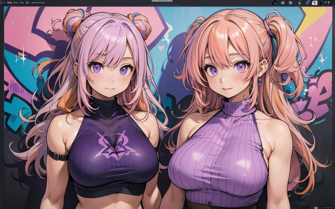 masterpiece, best quality, finely detailed, high resolution, 2 girl, 2 girls standing next to each other,  the first female has ((hair, snout)), lips, big ass, eyelashes, standing up, happy, eyeliner, big breasts, cleavage, cameltoe, pink eyes, sexy, long curly blonde hair, thick, strawberry theme, sexy, slim waist, skinny, slim, skinny, milf, thick thighs,  pretty, pink clothes, strawberry, blonde pigtails,  kawaii style, bimbo, huge eyes, perky  , huge hips,  evil , sparkles,  pastel background, pink crop top, white pleated skirt, white thigh high socks, sexy, pink highlights in blonde hair, strawberry piece in hair, big lips, vibrant, freckles, the second girl is emale, ((hair, snout)), lips, big ass, eyelashes, happy, eyeliner, big breasts, cleavage, cameltoe, yellow eyes, sexy, long curly red curly hair, red Afro hair, dark skin, black skin, African, dark skin, very dark skin, tan skin, small , sexy, slim waist, skinny, slim, skinny, milf, thick thighs, pretty, pink clothes, evil , sparkles, pastel background, black lipstick, light orange curly hair, braids, skinny, black skin, tan skin, pink background, pink clothes, black skin, really dark skin, both are the same height, 1 girl with red hair, 1 girl with pink hair, same height, big 