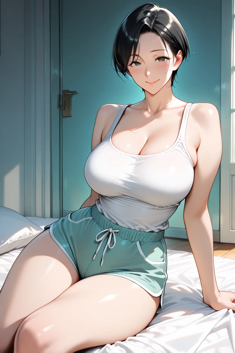 ((((Full body posture、Realistic emphasis on the rear buttocks、))))Sweating 1.5、Yawning selfie((Female, 50 years old))、(((Grab your own chest)))Strengthen your ace by wearing red and white, Green, and white t-shirt,(((Chest super large zoom,Cleavage emphasis))),((Looking down from the bed in cowgirl position,write)))Blushing,Red lips,((hair is very short waves))、A sexy,Bed sit,Open your mouth wide、Wearing underwear