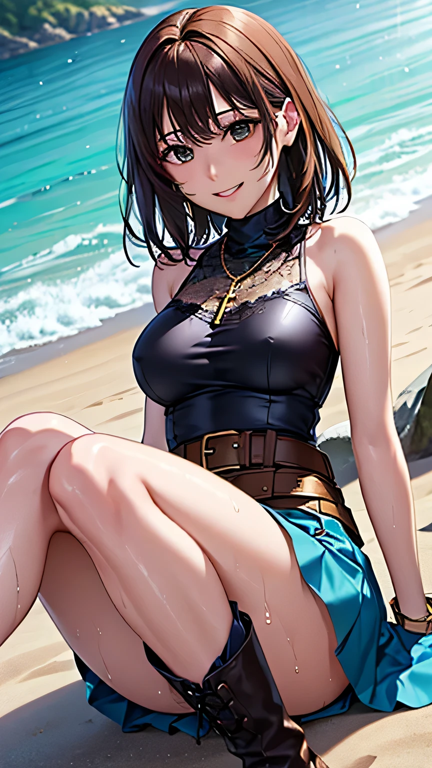 (in 8K、top-quality、masterpiece:1.2)、1人の女性、(Smiling smile:1.1)、beautidful eyes、Valley、The upper part of the body、shorth hair、Like a boy、Colossal tits、Green View、