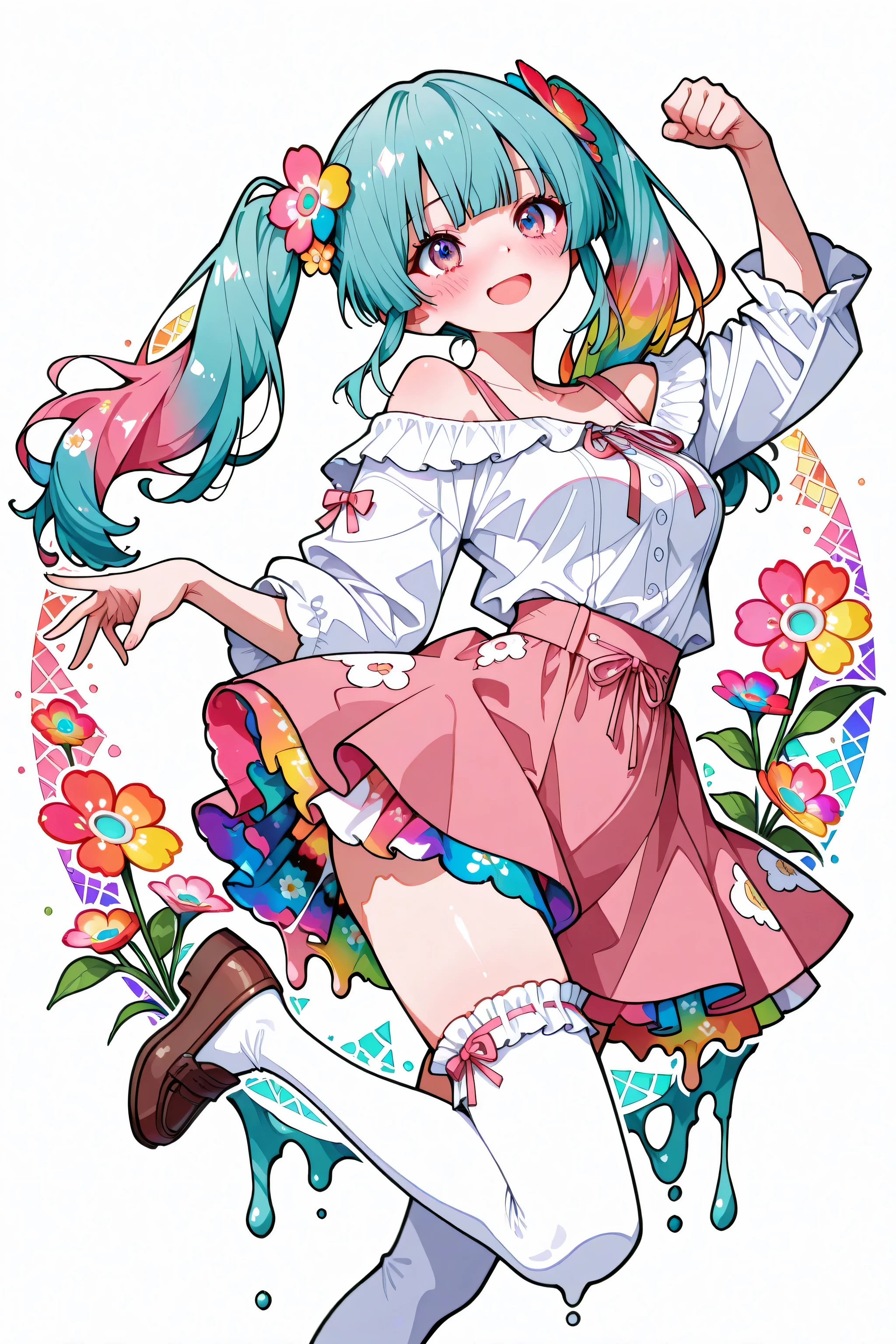 (hatune miku), frilled pink mini skirt, pink skirt, off shoulder, casual cloth, hime cut, flower hair ornament, aqua hair, twintails, open mouth, happy, blush, medium breasts, cute pose, (((dynamic pose))), white frilled thighhighs, brown loafer, ribbon,
(melting), (melting design),
embarrassed,solo, cute, pencil lines, kawaii girl, blending, outline, white outline, multicolored background, blending, cel shading,minimalistic line logo, tessellated geometrical design, symmetrical, vectorized, white background, digital style,colored pencil, colorful flowers,