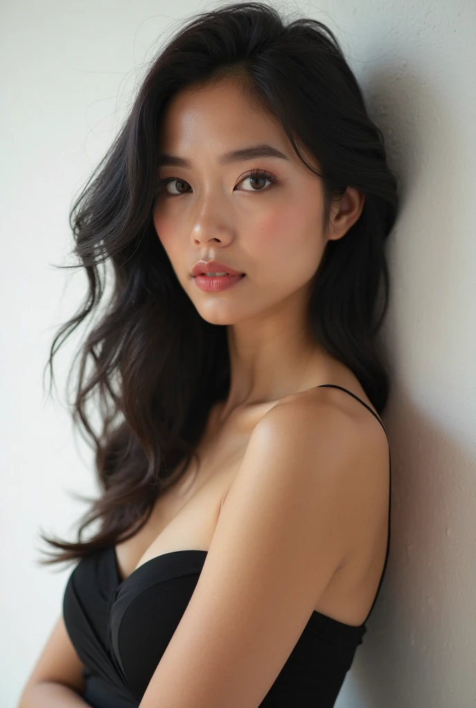 woman bathed in soft light, leaning against a wall, looking into the camera in a moment of raw emotion. Her attire is minimal, accentuating her beauty with the dramatic shadows cast by the lighting. The background is stark, with sharp contrasts highlighting the contours of her form. The blue and black palette intensifies the mood, evoking a sense of mystery and allure. Subtle film grain and meticulous shading add depth and texture, emphasizing the emotional gravity of the scene. The lighting creates a chiaroscuro effect, accentuating her expressive pose and the intense atmosphere.