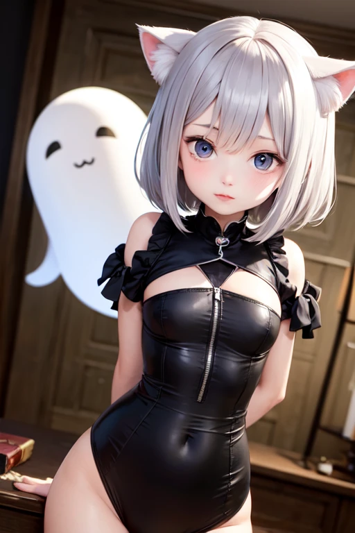 A girl with white hair and cat ears, a ghost with yellow eyes
