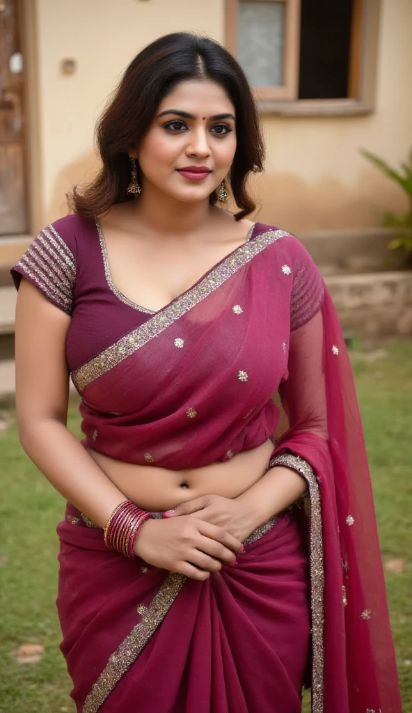 Jaya Prada 26 years old beautiful different face cute sexy Indian girl, big m-cup breast, curvy plus size body, Lucknowi Embroidery colorful t-shirt, different colorful Lucknowi Embroidery Saree, different hairstyle, bright eyes, thin eyebrows, fair skin, blushing cheeks, head to thigh close up view, smiling face, ultra realistic skin texture, Kamasutra expression, Straight front view standing beautiful different Gangotri, Uttarakhand background, ultra realistic, close up head to thigh view, black hair, Provocative eye Contact, glossy lipstick, attractive eye contract face,