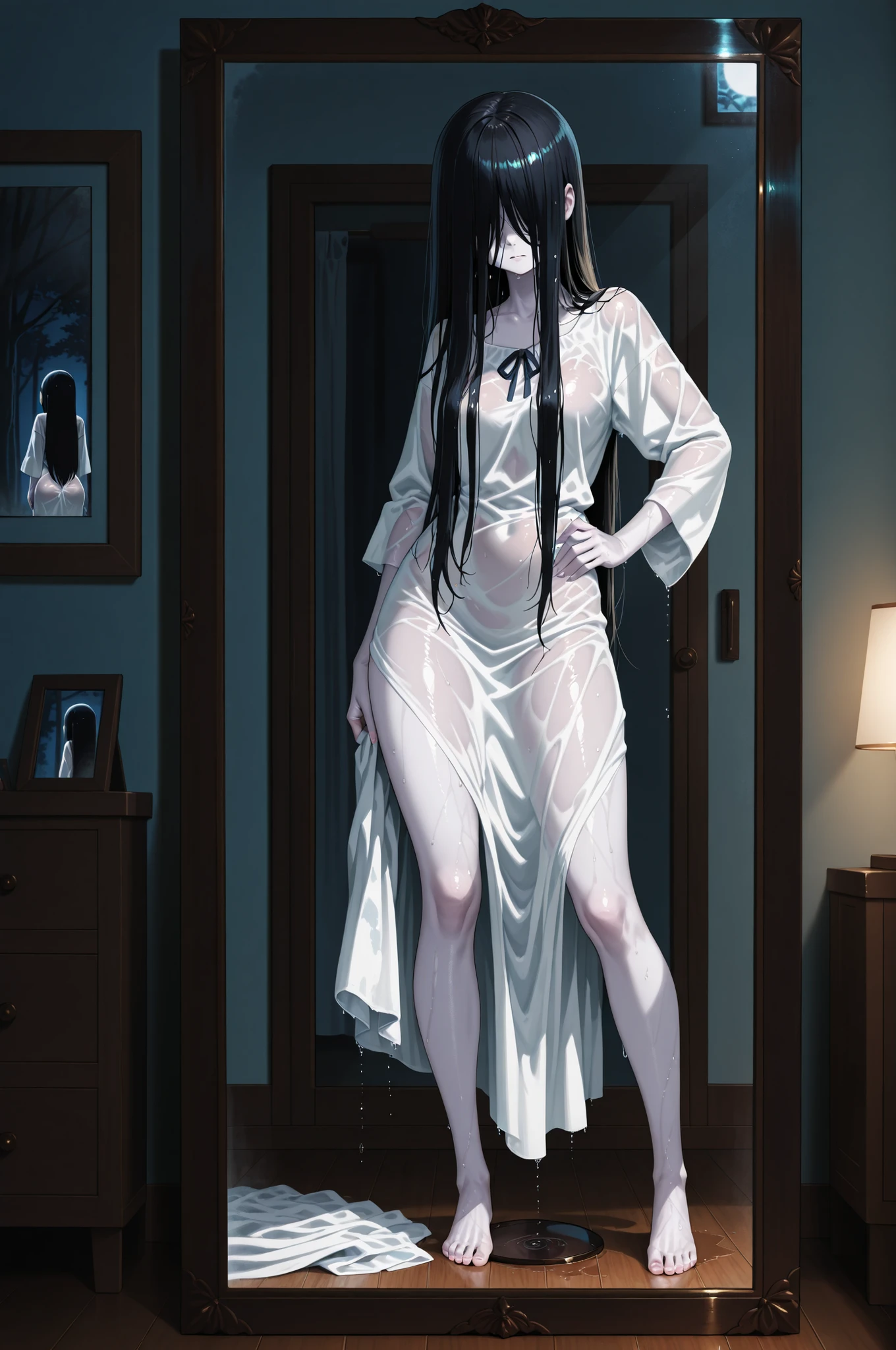 yamamura sadako, hair over eyes, black hair, long hair, pale skin, white dress, wet clothes, barefoot, pictured in a mirror, holding up dress above her hips to expose body, bare cunt, inside a bedroom at night, alone, NSFW, natural lighting, in full view in a highly detailed anime style