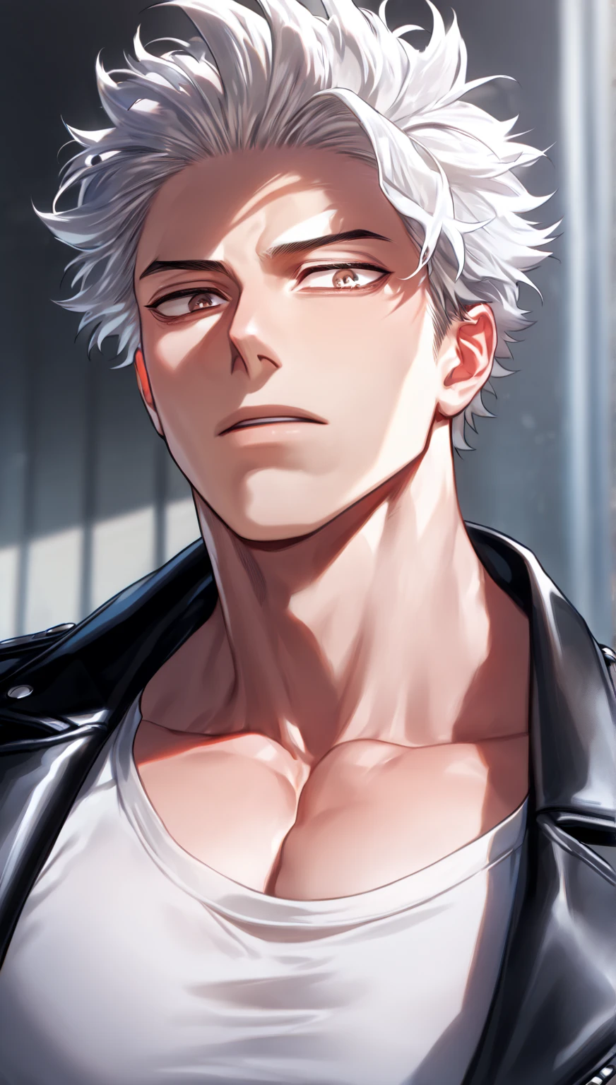 masterpiece, best quality, 1 man, handsome, tall and muscular face, curly hair,, background is an alley, sitting, sunlight stained, day, neighborhood alley, brunette skin, silver chain necklace, tank top, cigarette, older man, broad shoulders,