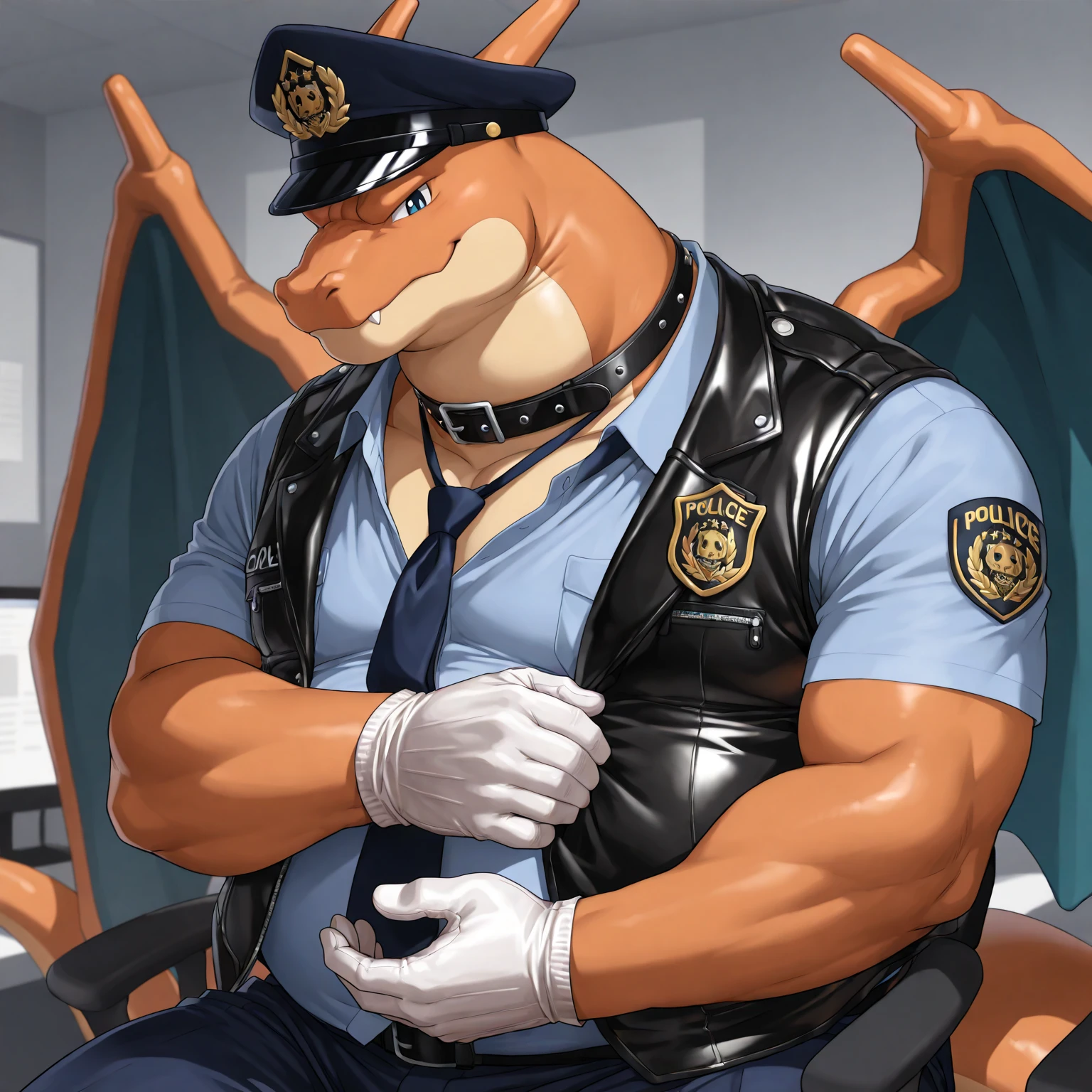 Multiple Male, fat, squatting, extremely obese, gentleman, dapper Dragons with a large penis and testicles, ejaculating sperm from the penis, blue eyes, (soft shading), 4k, hi res, ((detailed face, detailed)), looking at viewer, gaping mouth, police station, collared shirt with buttons, hat, male focus, Police Uniform, glasses, monocle, vest with buttons, sleeves rolled up, round eyewear, headwear, vest, Dragon is wearing a glossy leather dog collar around the neck, Dragon is wearing the leather collar and shirt and vest at the same time, Dragon is wearing glossy white rubber gloves on the hands, wearing white rubber gloves on the feet, gloves are rubber in texture, open mouth, drool, clenching fists, leather collar is glossy and shiny with a lot of detail, Dragon is wearing gloves and leather collar at the same time, leather collar has a round dog-tag, leather collar is thick and detailed, white rubber gloves on the feet, sperm is wet and sticky in texture.