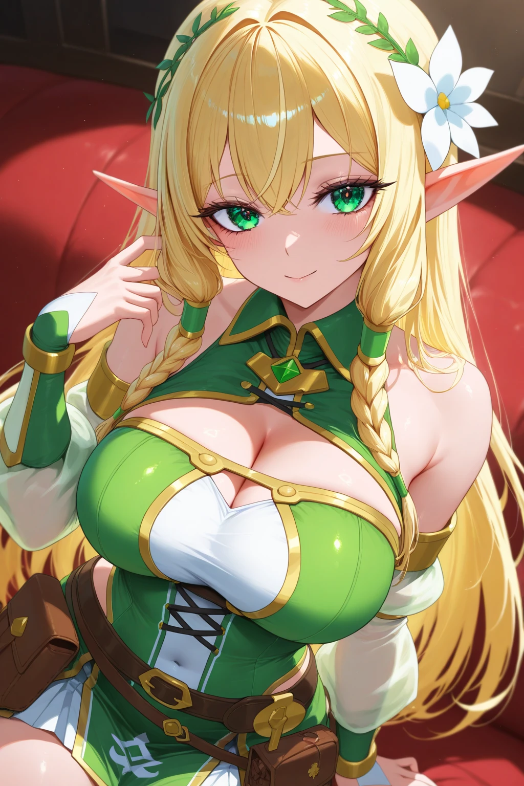 A beautiful muscular female elf, mother, elf, green clothing, cute look, smile, green eyes, awkward gaze, brown hair, tight clothes, elegant clothes, plunging neckline, hands behind back, green hat, detailed portrait, fantasy art, highly detailed, cinematic lighting, intricate details, delicate features, masterful rendering, photorealistic, ethereal beauty, lush environment, natural lighting, vibrant colors