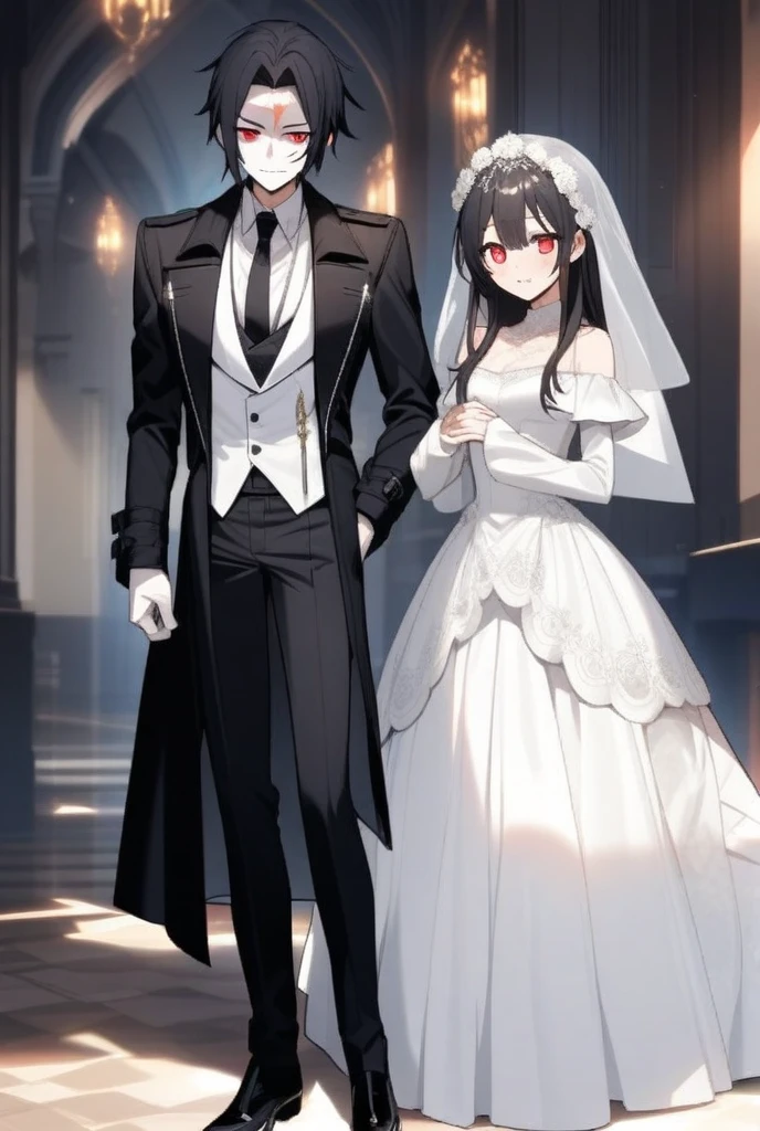 Kirito and Asuna black wedding dress black skin purple eyes blushing smile tears two people standing at the wedding ceremony looking at each other, big breasts breast enlargement breasts pumped up full-body shot looking at camera illustration, ultra-detailed, HDR, vibrant colors, soft lighting