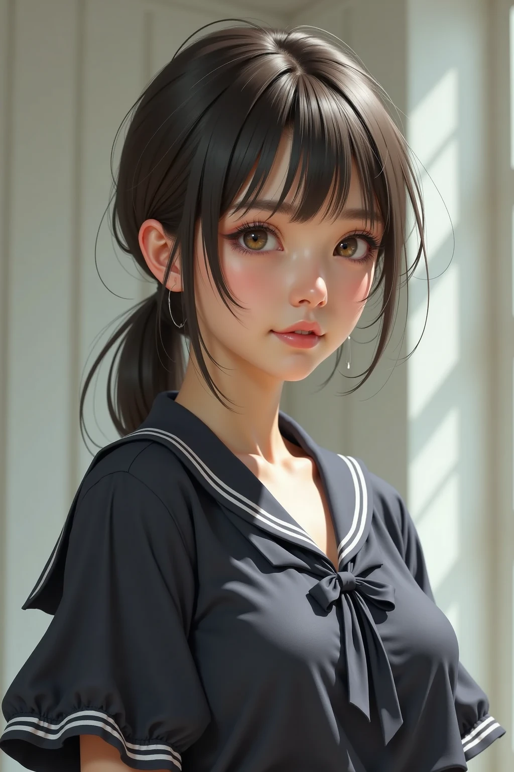 Realistic glowing skin, (発Sweat:1.8),Stand backwards,Look back at your face,Always look at the camera,(発Sweat:1.8),(Beautiful nipples in real life:1.6),,(whole body:1.9),(発Sweatしたリアルな白い肌:1.9),White socks, (Black leather shoes:1.8),
,Cold look,Cold Stare,Black Hair,short hair,Tie your hair short,Silky translucent white skin,,(Very detailed美しい顔), Great face and eyes, (Highest quality:1.4), (Very detailedな), (Very detailed CG 統合 8k 壁紙), Very detailed, High resolution raw color photos, Professional photography, Realistic portrait,Sweat,,(A Cup:1.9),(Flat Chest:1.9),(Very small breasts:1.9),(Breast augmentation:0.1),(Small breasts beginning to swell:1.9),(Breasts during puberty:1.9),
, (少女のwhole bodyの詳細なRAW写真), Canon EOS R5 250mm, Sharp focus, Cinema Lighting, (No makeup:1.2), Fine skin, Delicate collarbone,,(Ultra-high resolution:1.6), (Realistic:1.6),,(Japanese junior high school girls:1.9),(whole body:1.8),(Sweatが滴る肌:1.9),(Black pleated skirt for the lower body only:1.9),(Sweatで滲んだ肌:1.9),(Age is :1.9),(Raise one hand above your head:2),(Topless:1.9),Height is 155cm,Non-erect, thin nipples,very small nipples,Natural nipples,Real girl nipples,Not disgusting nipples