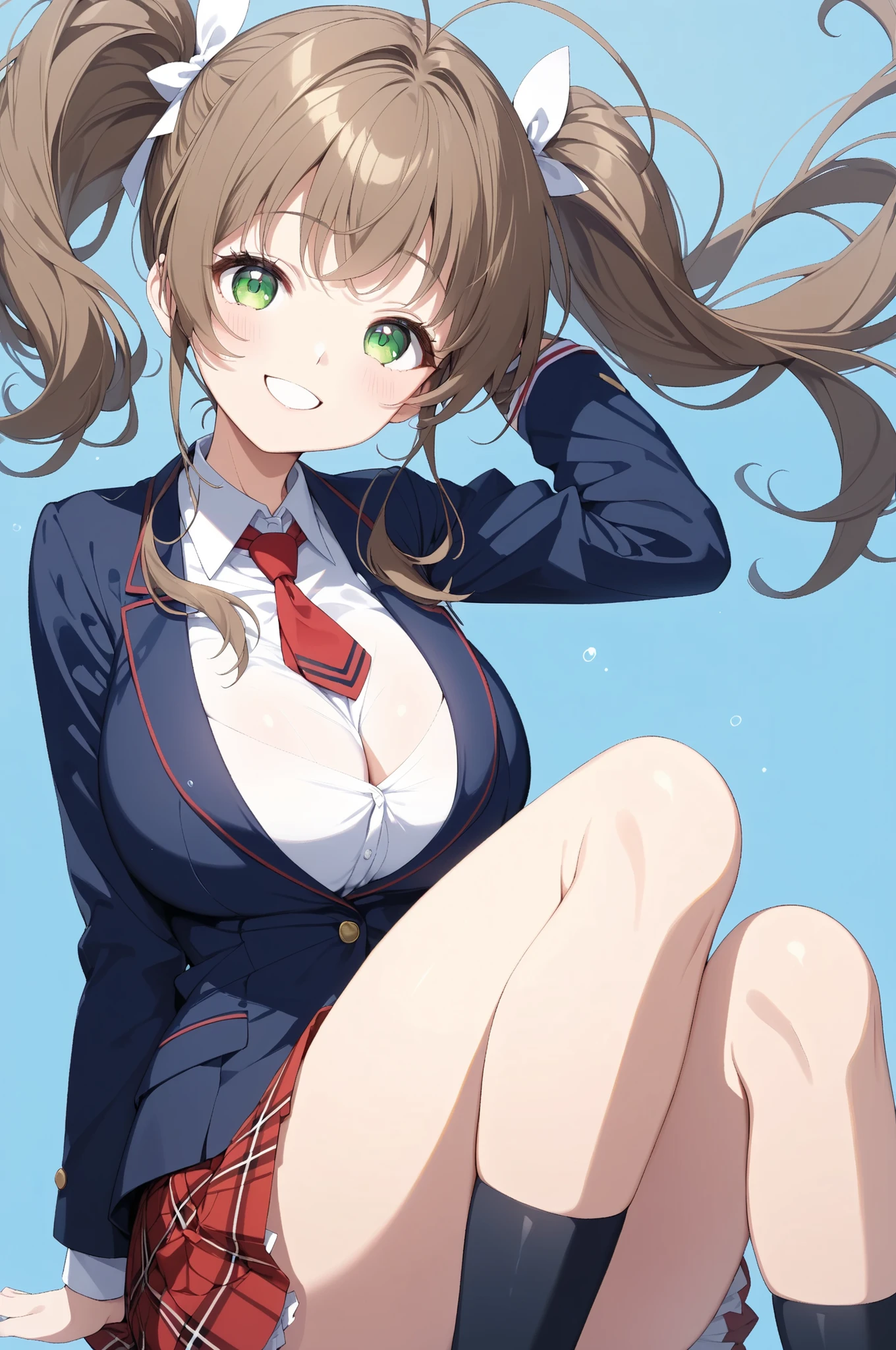(high quality Animation Art, Super Best masterpiece, 16K, Highest image quality, super high resolution, super high degree of perfection of the work), 1girl, solo,
(brown hair, antenna hair, bangs, stupid hair, hair intake , green eyes), (super very cute smile, Happy Expression),
(very beautiful, delicate, and accurate female body movements, Very accurate proper movement of hands and feet, Super Big Breasts, cleavage-enhancing),
School Uniform, Navy blue blazer , Classical style with a white shirt, red tie , and red plaid skirt, formal look, Black Knee-High Socks, Arms on back, Black Loafers