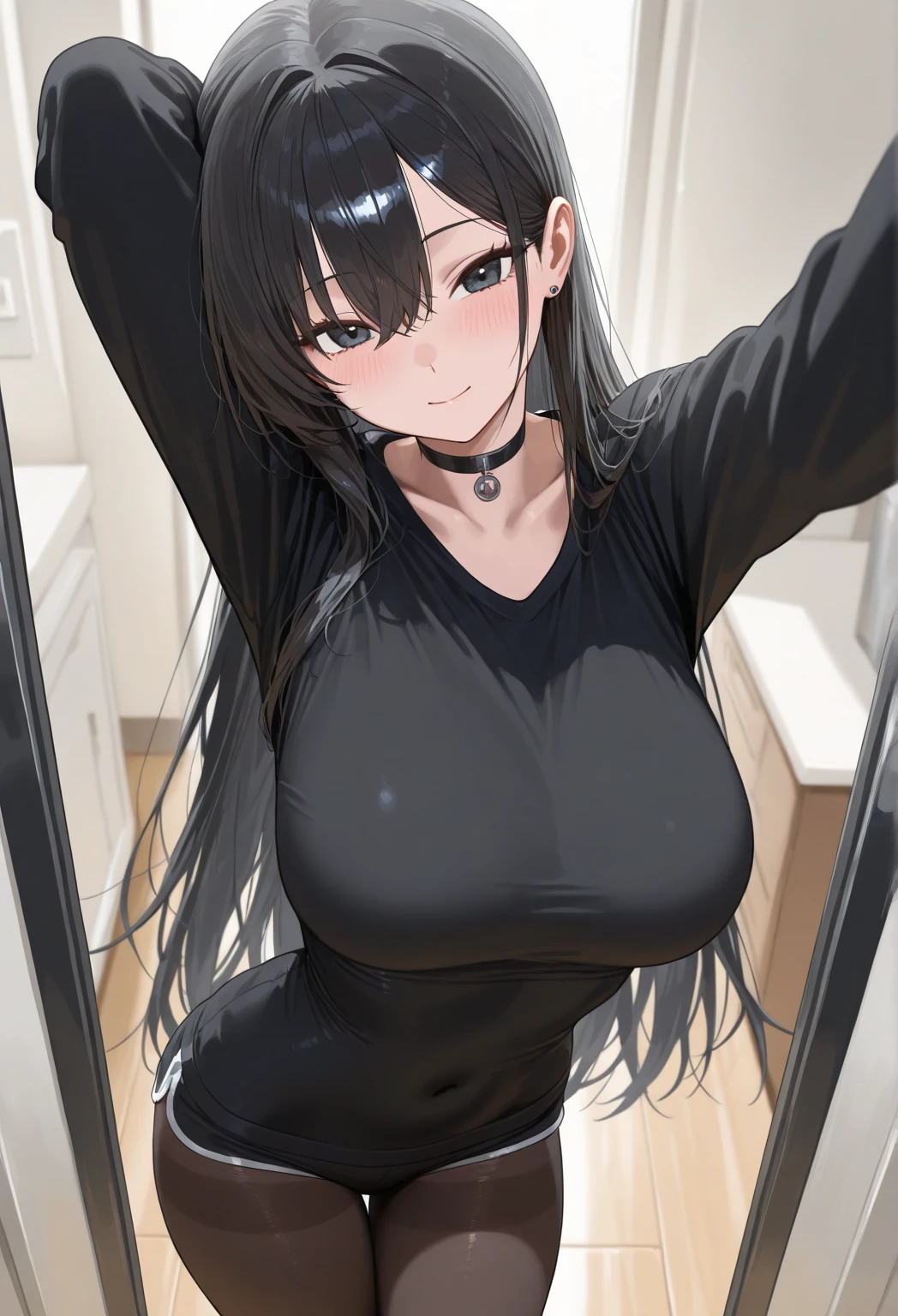 NSFW:3.6 ハッキリした色使いのアニメ絵 nakedで立っている:1.9 Full Body Figure Tall Woman:1.9 　naked:1.3 Sweat Composition seen from the back Standing posture Stylish choker　Troubled face, glaring, wrinkled brows, flushed cheeks, night:1.3 Apartment bedroom, white sheets, short black hair, ponytail:1.9 Straight hair, bangs swept to the side:1.9. Slanted eyes, brown eyes, tall, big breasts, strong-willed, beautiful