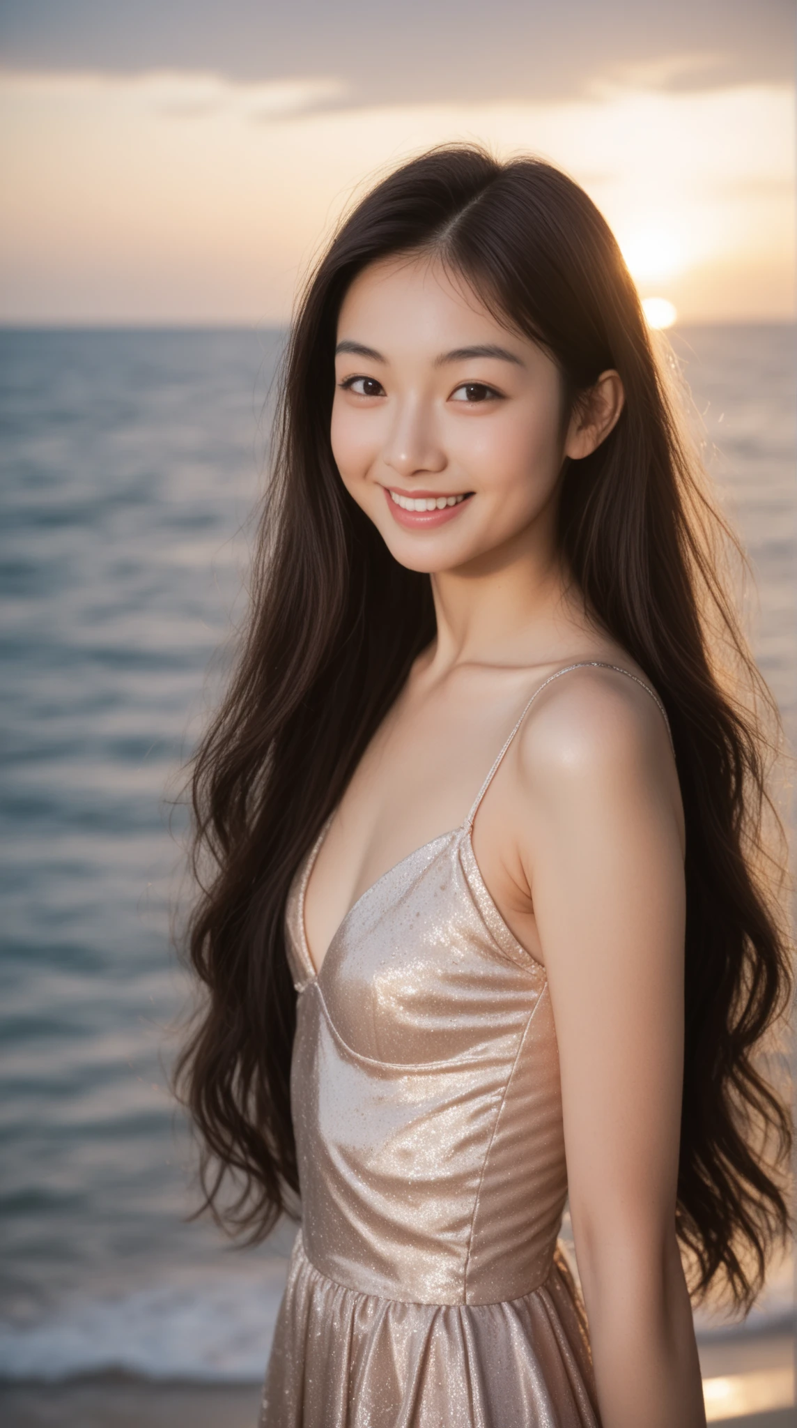 21-year-old Japan woman、Long brown hair、(8k, Highest quality, masterpiece: 1.2), (Realistic, photoRealistic: 1.37), Very detailed, Girl Single, cute, alone, Midnight, Beautifully detailed skies, Detailed Cafe, Sitting, date, (blush), (smile: 1.15), Small breasts (Mouth closed), Beautiful Eyes, Floating Hair NovaFrogStyle, backless dress、slim