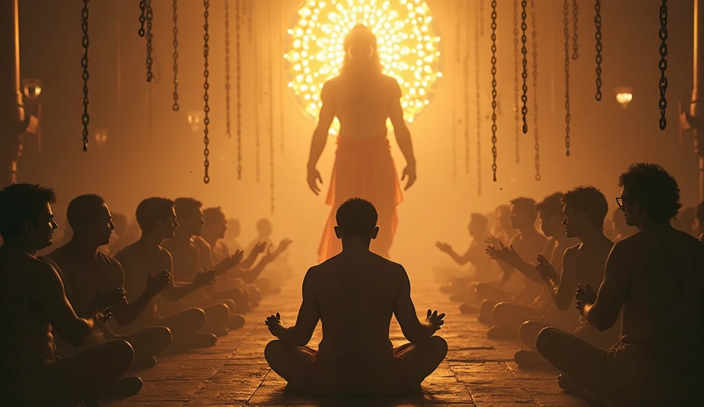 Wide view of an ancient statue of a six-armed woman meditating, holding a white flame in her hand, inside a black ancient Thai temple. digital art style,dark fantasy