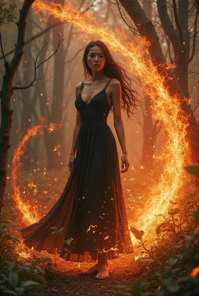 A woman standing in flames and in the forest, Not 20, long black hair, blood red lips, red normal eyes, her gaze powerful