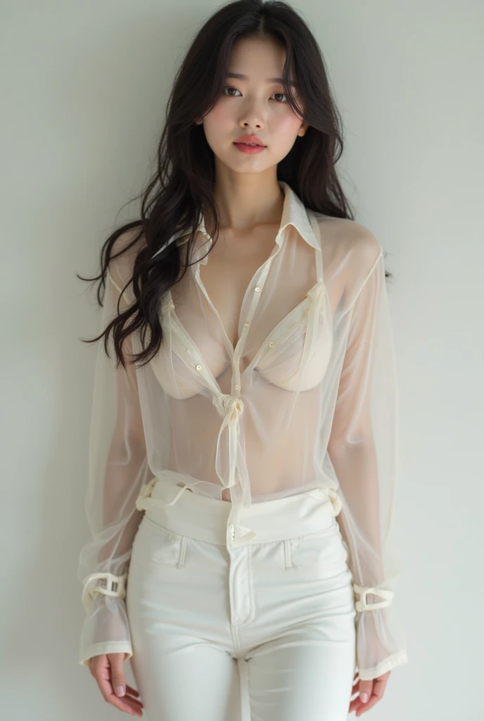 ulzzang -6500-v1.1, (Raw photo:1.2), (Photorealsitic), (See-through:1.3), (Real:1.4), upper class bewitching female、1femele、luxury silk blouse:1.2, (Ultra-realistic pantyhose:1.2), No skirt、small luxury lace panties、Pantyhose Focus、Sit at the bar counter、Cross your legs、Inviting look、