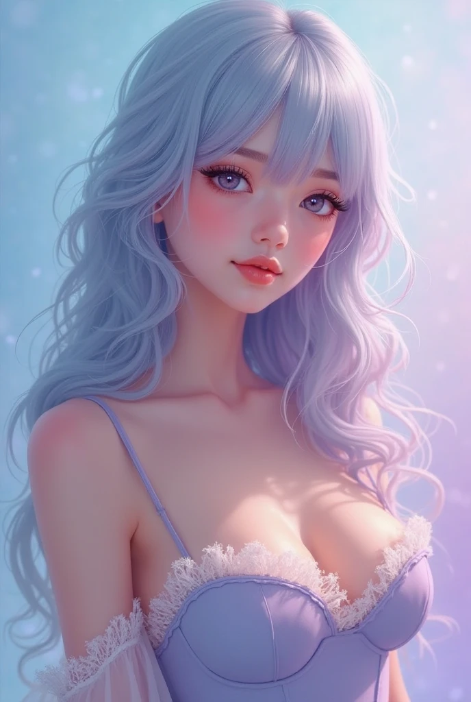 realistic, 1girl, holographic hair, heterochromic eyes, glowing eyes, holo crop top, holo skirt, parted lips, blush, night, white roses, pastels, glitter, sleeveless, cleavage