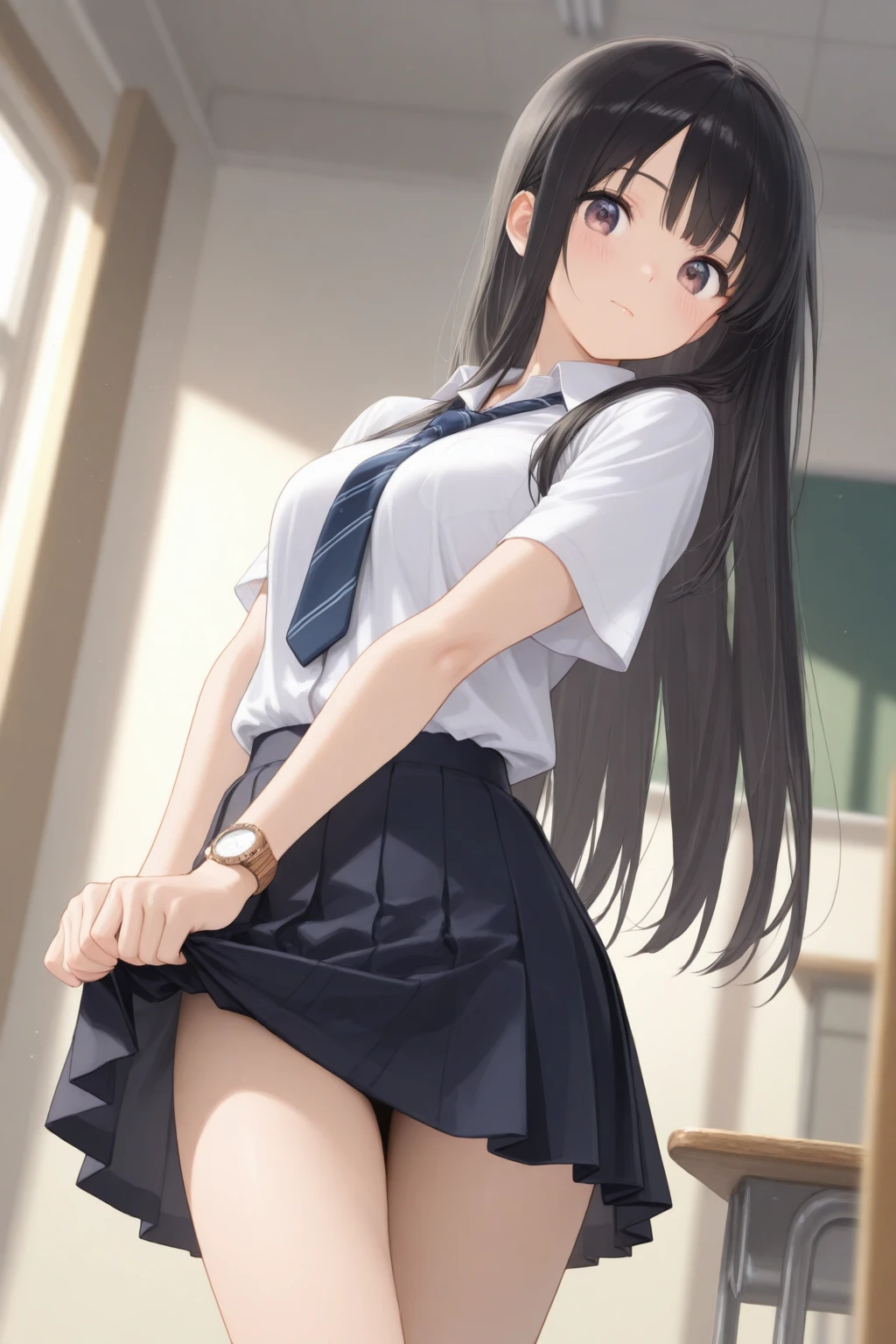A 10-year-old elementary school girl with long black hair wearing a school uniform who lifts up her skirt to reveal white panties.