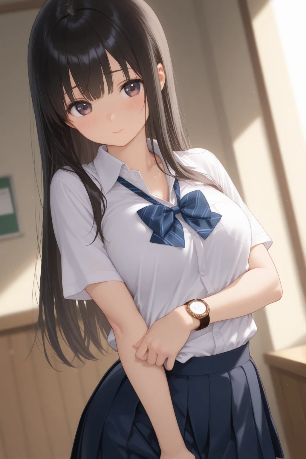 1girl in、A smile、The shirt、skirt by the、(small tits)Chilarism、Japan High School Student Uniform、serafuku、summer clothing、Squall Drenched Uniform、(Sheer Bra)、Upper body portrait、