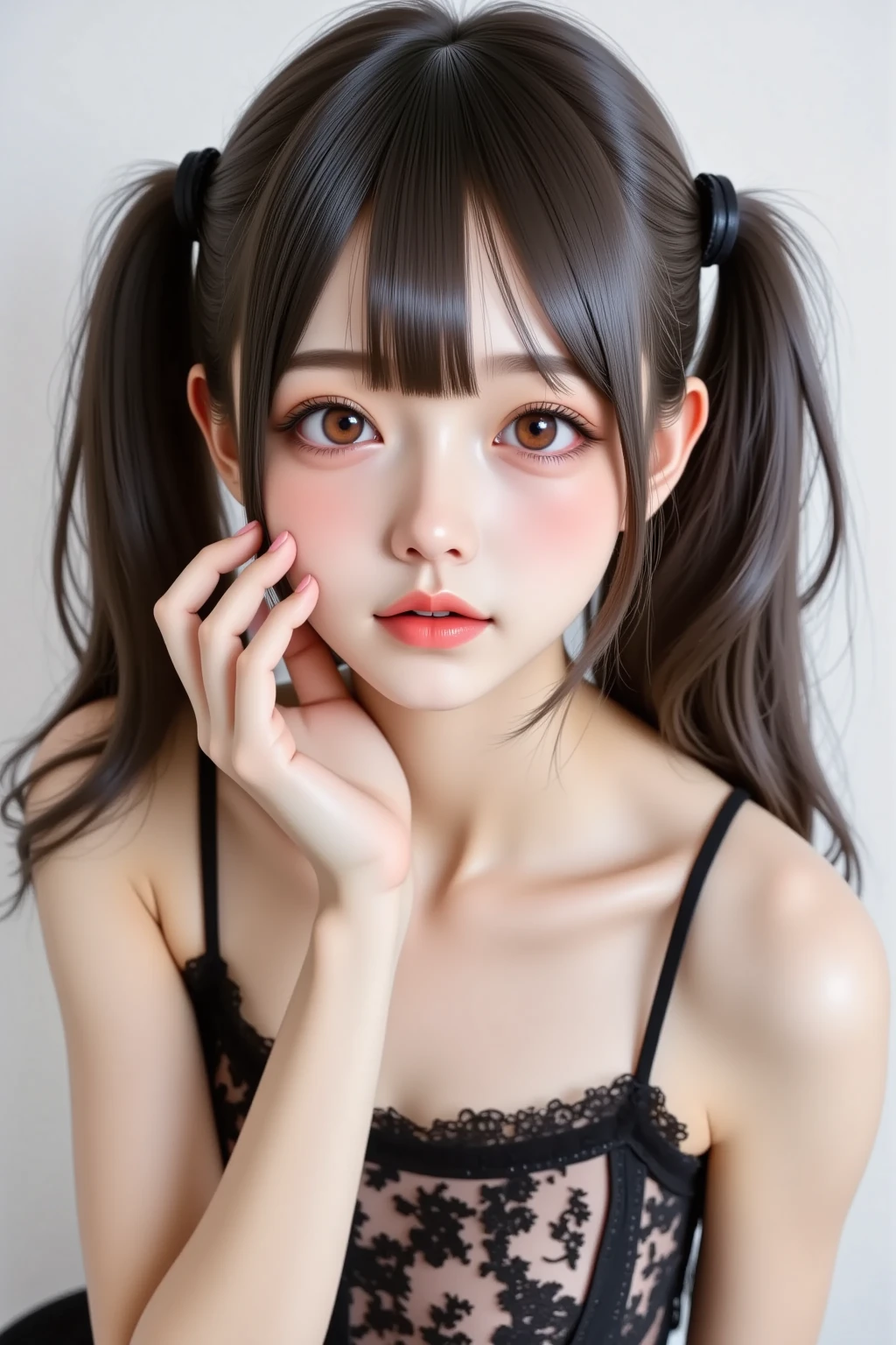 There was a young woman,Long fluttering hair,Wearing a bow on the head, Double ponytail hairstyle, Ulzan, Braided hairstyle, two Braided hairstyle, Neat Bangs Hairstyle, Kawaii Hairstyle, Black braids, White Ji haircut, Fluffy bangs, WAN cute Korean face, Young cute pale Asian face, Kawaii Hairstyle, Ji Qie, Braided hair