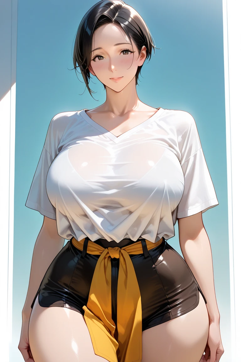 1female , undercut hair , wavy hair ,short hair, black Hair , golden Eyes , lean build ,teen female , Serious Expression , Modern City Background , modern city background, White Shirt exposing cleavage , Tight Leggings, casual clothing
