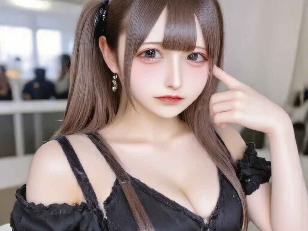 (highest quality、8K、masterpiece、High resolution、genuine、3D),Best Quality、15 years old, ((cleavage)), elementary school face,lolita,mascara, cute smile, loli, loli、bangs
