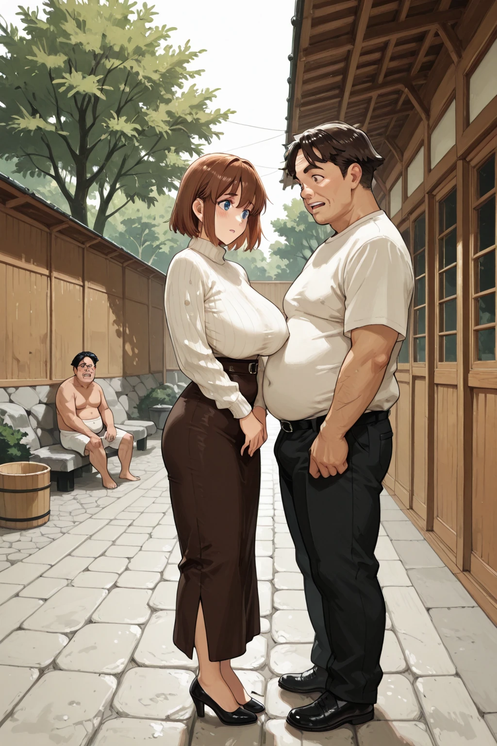 (masterpiece, best quality, high quality, highres:1.4), detailed, extremely detailed, ambient soft lighting, 4K, (1boy, 1girl:1.2, (duo:1.4)), (couple, (sitting on rock), (hag), (sitting handjob:1.2), (age difference), (height difference:1.4), night, (onsen:1.4), bathing:1.2, partially submerged:1.2) ADDCOMM (1boy), (ugly man, (fat man:1.3), (tall:1.2), black man, (old man:1.6), (dark-skinned:1.3)), (((bald)), smirk, grin:1.2), (nude, ((large penis)), erection, testicles) BREAK (1girl), (mature female, milf:1.2), (short hair, red hair, blunt bangs, long sidelocks:1.3), (blue eyes, smile, blush, sweat:1.2), (short girl:1.4), huge breasts, saggy breasts, thick thighs, (naked, nude:1.3, (pussy:1.4)),