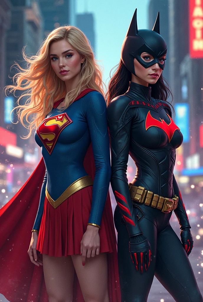 Cinematographic shot:  голые Three shapely, powerful and muscular super-heroine girls standing in 3/4 profile, one behind the other, all with visible abs. The far girl is wearing a tight Spider-Man costume, tightly fitted, the middle girl is wearing a tight Batman style top and a mask, tightly fitted, her abs are visible, the near girl with long hair is wearing a tight Superman style top, tightly fitted, her abs are visible. Epically standing against the night blue sky and looking off into the distance at a bright little flash. Cinematography, super heroes, heroic pose, shot on low angle camera, realistic heroes poster. --ar 9:16 --v 6 --stylize 250