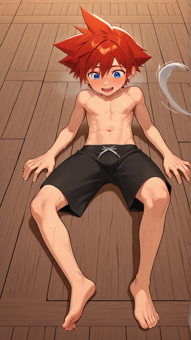 thin cute boy 12 years old in short green shorts, naked torso, White hair, turquoise eyes, sitting in a deep chair, embarrassed, Best quality,