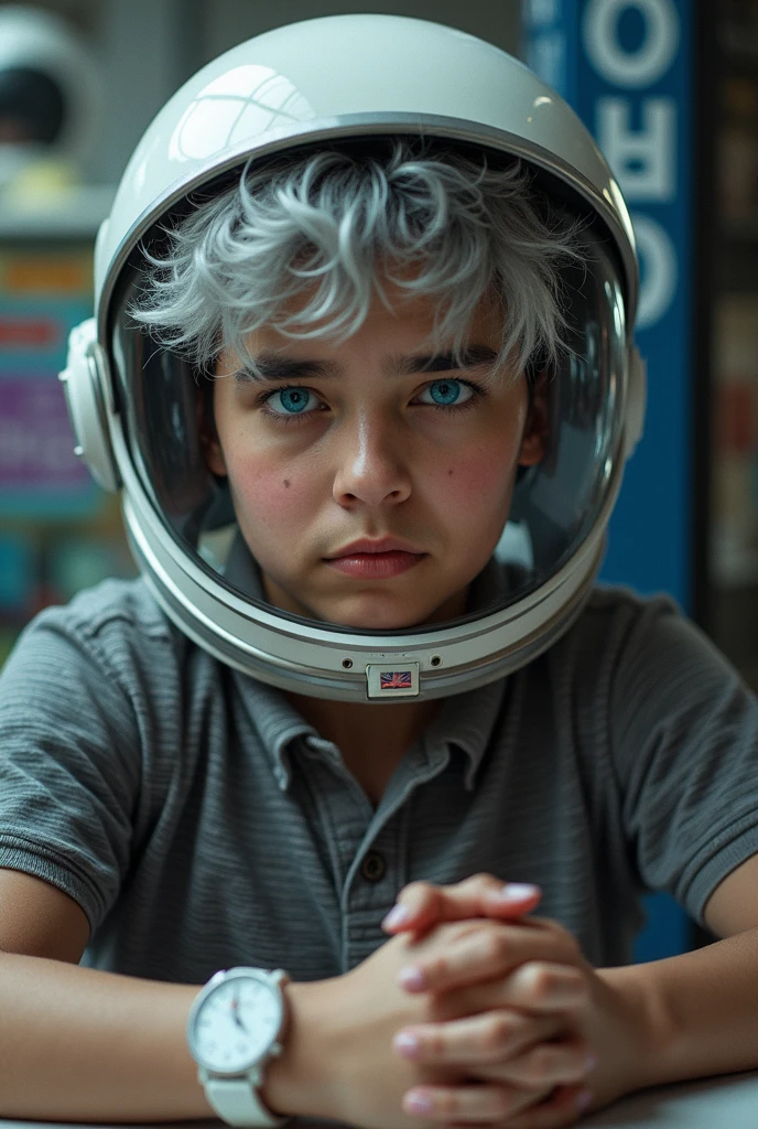 An image of a young and handsome boy with light blue hair gazing up at the starry night sky during winter, with shooting stars streaking across the heavens.