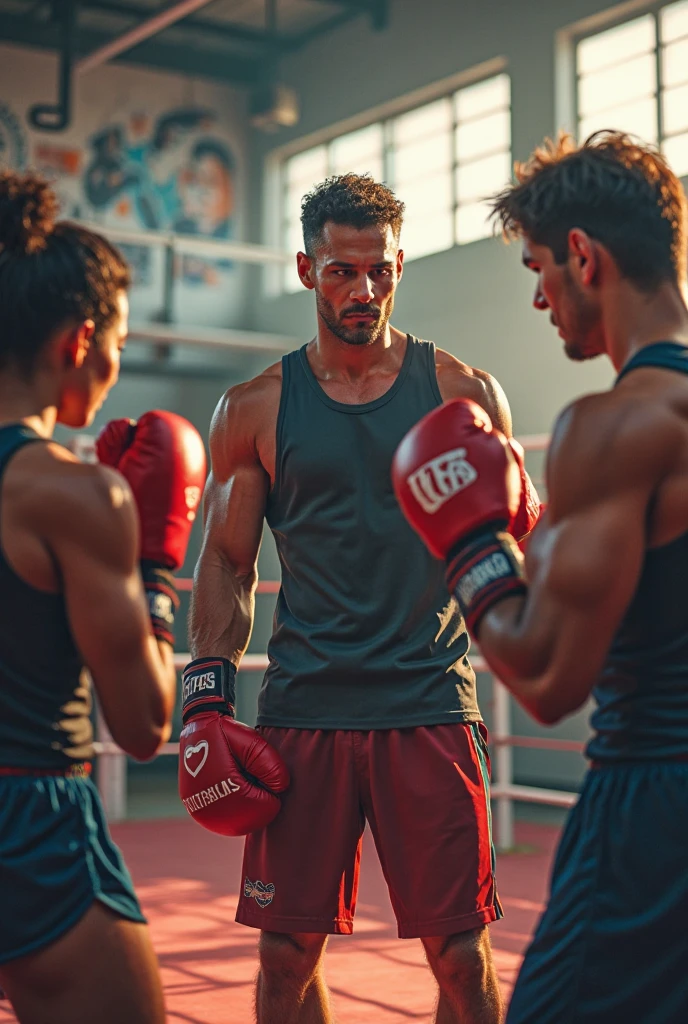 FIGHT AGENCY written on the red and blue boxing gloves 