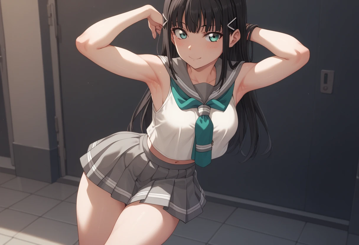 masterpiece, best quality, highres, Matoba Risa, 1girl, solo, busty, small breasts, black hair, sport bra, short skirt, looking at viewer, full body, standing, simple background, (erotic pose:1.4), blush, flustered, (Crotch panties exposed:1.3), ((arms behind head, double armpits, crouching down, half-squat, Open the crotch before:1.3)), Half body, upper body, In the middle, symmetrical,