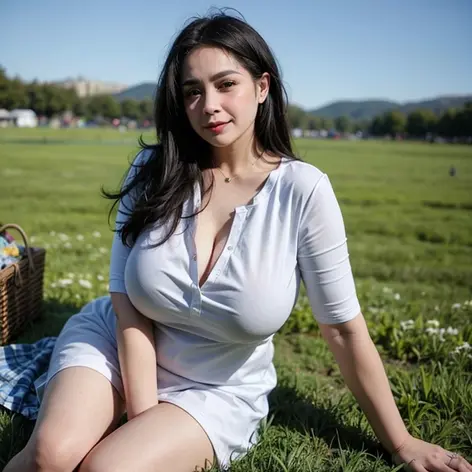 At an idyllic countryside picnic, a busty woman with a floral dress and a sun hat sheds tears of joy as she clutches her newborn baby, her face radiant with maternal love. carrying babies
