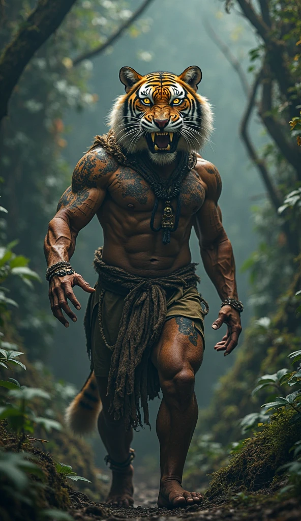 1 boy,tall and strong,perfect male figure, eyes looking at camera.(Amazonian indigenous male), ((dark skin)),( Original tattoo),long white hair, (Skins Cloak,hairy,Skinandage wrist guardeather necklace,serious expression, standing in forest,Rainforest,Ray tracing
