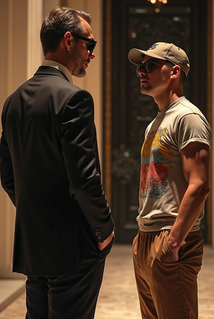 Ryan gosling opens his Shirt off in a front of a group Men. Wearing just a suit without a shirt underneath. He gets attention and is touched by them. He is very ticklish and giggles as they tickle him