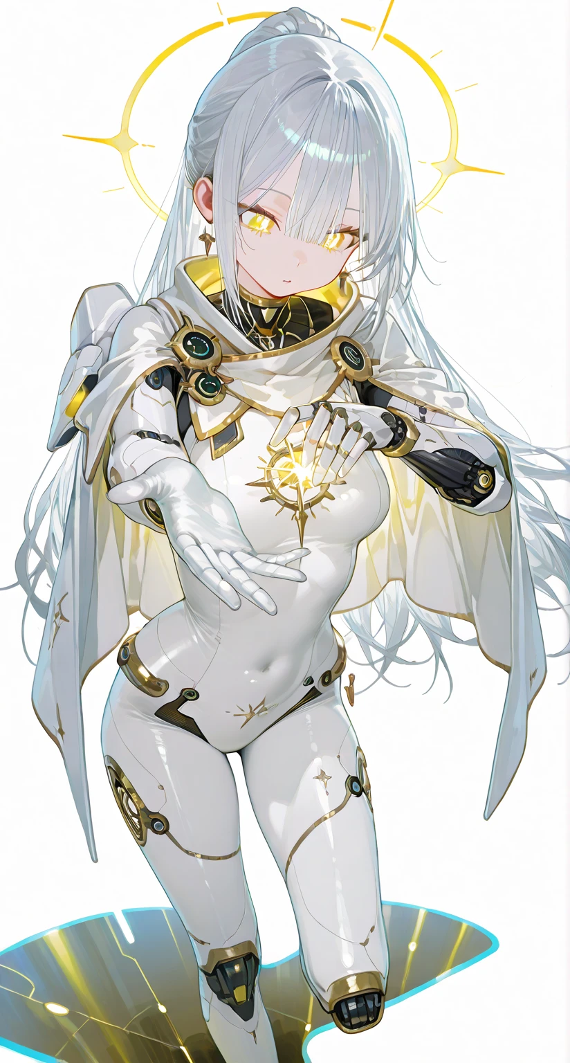 (full body),masterpiece, Highest quality, High resolution, One girl, alone, Grey Hair, Blue eyes, ( bodysuit，leotard，headset，ribbon，No sleeve, White gloves, Knee-high boots), Cowboy Shot, Hands on hips, smile, Open your mouth, Outdoor，Thick thighs，