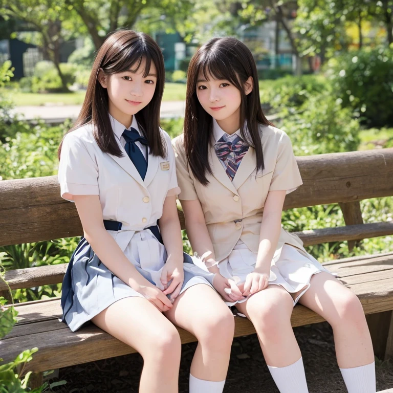 Pure Japanese school girl, sexual attractive, outstanding body, beautiful legs, shiny white skin, wearing loose uniform, high heels, panty, natural hairstyles, sweet smile, sitting on bench, refreshing in early summer morning, composition from the front,