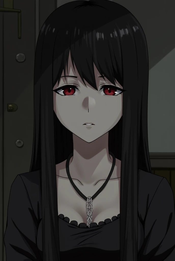 <lora:lovelycomplex3:1>, 1girl, arm behind back, black hair, breasts, choker, cleavage, collarbone, cowboy shot, dress, fingernails, hair between eyes, highres, horns, long hair, looking at viewer, pale skin, parted lips, red eyes, solo focus, teeth, very long hair, wristband