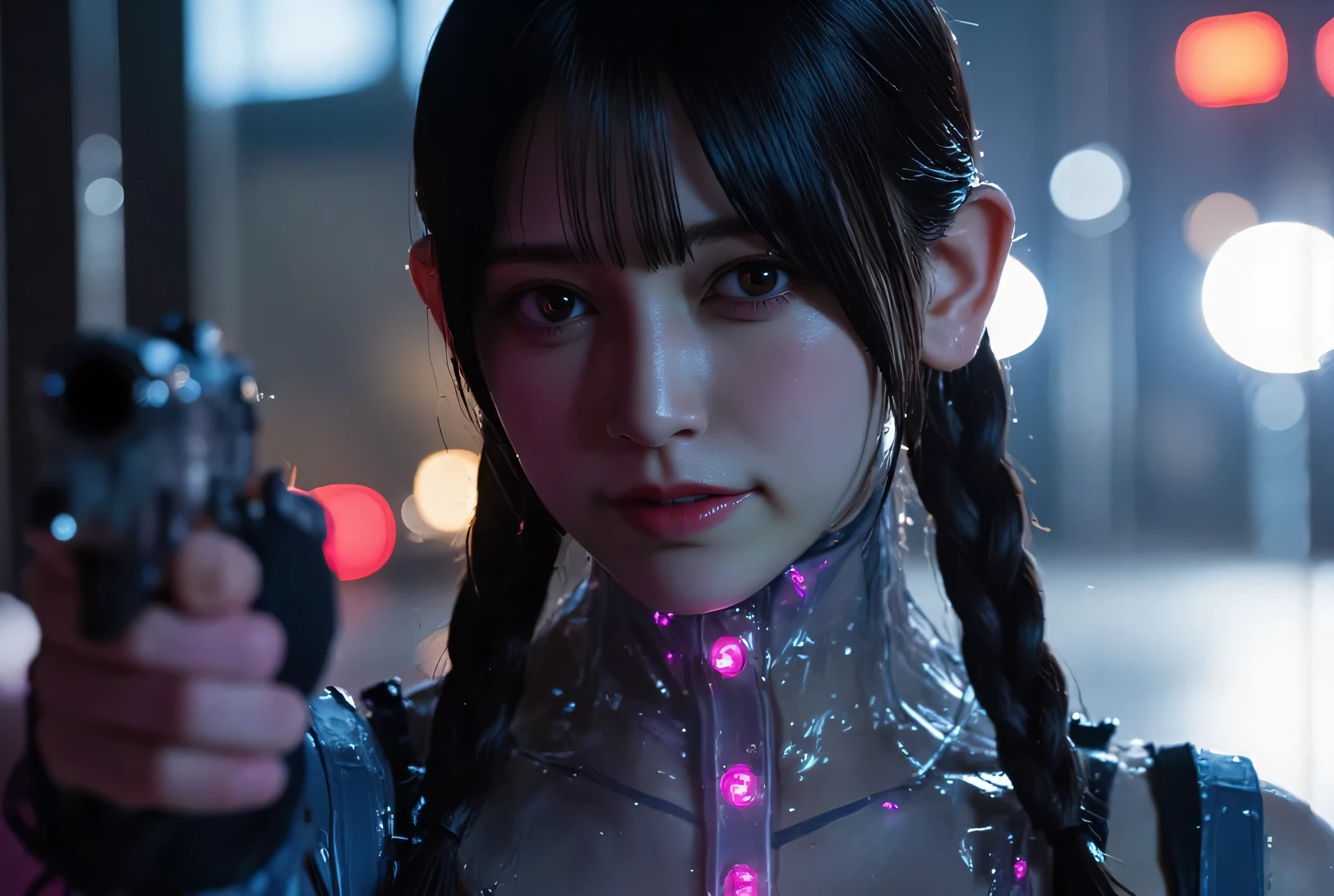 (((In the Midnight Rain:2.0))),(((HR Giger-esque cyberpunk atmosphere:2.0))),(((Hold the laser gun:2.0))),(pointing her muzzle at the viewer:1.7),(((Full Body:2.0))),ONE WOMAN,Female samurai,(cute face:1.5),(Beautiful well-balanced face :2.0),((Long braids with bangs:2.0)),(dark haired:1.5),(Beautiful Eyes:1.3),glamorous shot of a 20-year-old Japanese woman,Beautiful slender body,((model body type:2.0)),((slim body:1.7)),Perfect Body Line,Ideal proportions,((Small Breasts:2.0)),((B-cup breasts:1.5)),Beautiful Breasts,Bare thighs,Sensual Thighs,delicate body,(Glutinous meat:1.7),Harmonious posture,((Realistic breast depiction :1.7)),((can see lower breasts:2.0)),Carefully drawn limbs based on perfect anatomy,carefully depict fingers based on perfect anatomy,(((blue glowing translucent glass corset in the style of futuristic samurai armor:2.0))),Filled with multicolored LEDs,(((super high leg panties made of clear glass that fits the body:2.0))),(((translucent nipples that glow with pink LEDs:2.0))),(((thick fishnet tights:2.0))),(Hide your nipples with a nipple:1.5),((Clear vinyl oxygen mask:2.0)),((Tactical Holster:1.5)),(Gloves:1.3),concept art,(top quality:1.5),(masterpiece:1.5),(超高Resolution),Resolution,UHD,(delicate depiction),carefully drawn,32k,((realistic skin texture:1.5)),(((super realistic with transparent interior:1.5))),carefully drawn eyelashes,very detailed faces with Yoichi and a man,highly detailed female hands, Sexy appearance ,very sensual,(Blurry, dim background:1.5),professional photo shoot,(Movie Lights:2.0),((Blade Runner-style lighting:2.0))